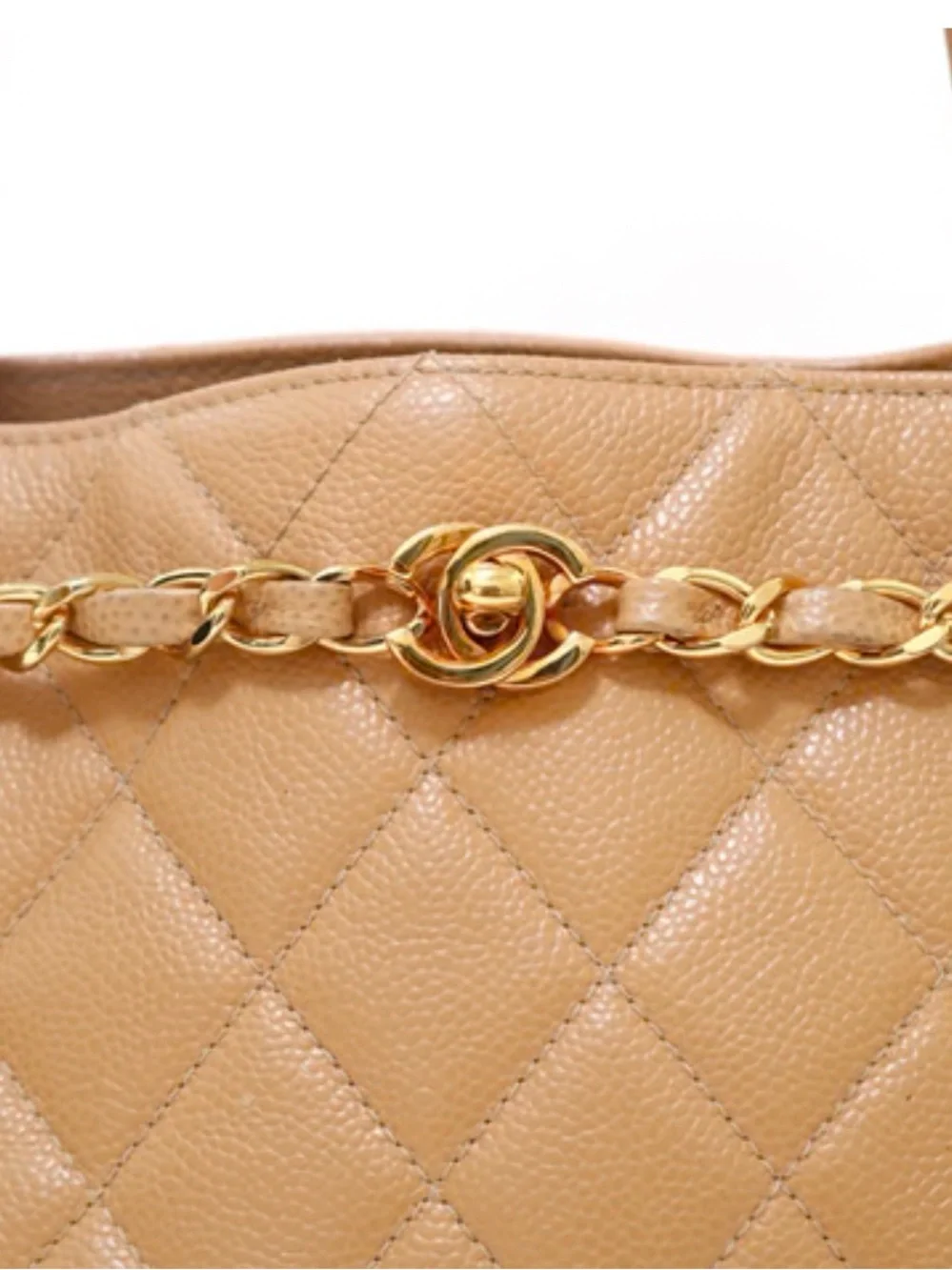 CHANEL Quilted Camel Tote with Gold Chain CC Accent and Turnlock Clasp